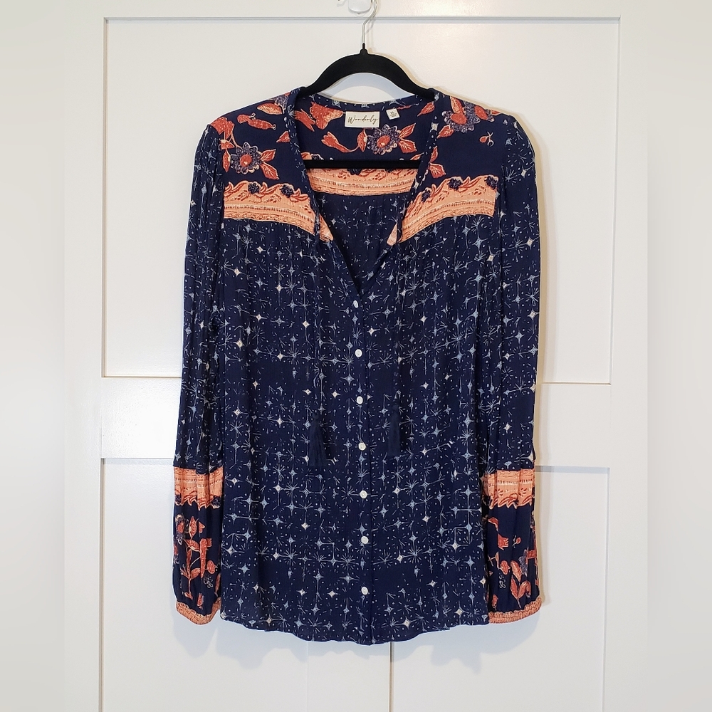 Wonderly Gauzey Button Down Shirt Floral Semi-Sheer Tassels Size XL Blue Peach